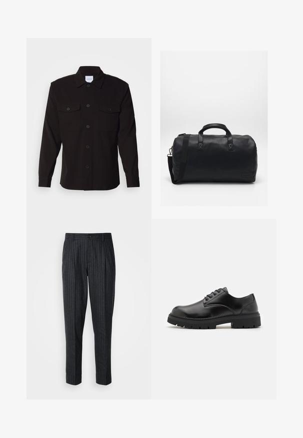 Schwarze Langarmbluse mit durchgehender Knopfleiste, zwei Brusttaschen und einem strukturierten Kragen. Hergestellt aus einem strapazierfähigen Stoff mit einer glatten Textur.; Maßgeschneiderte Hosen aus dunkelgrauem Stoff mit feinen vertikalen Streifen; ausgestattet mit einem Knopfverschluss und einem gefältelten Frontdesign.; Schwarze Lederschuhe mit runder Zehenform, Schnürdesign und einer dicken, strukturierten Gummisohle. Sie verfügen über eine Naht entlang des Randes und haben eine glatte Oberfläche.; Schwarze Duffel-Tasche aus strukturiertem Kunstmaterial. Verfügt über zwei Griffe und einen verstellbaren Schultergurt. Einfaches Design ohne sichtbare Muster.