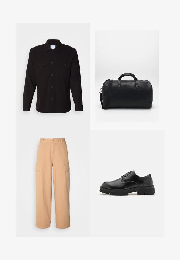 Black long-sleeve shirt with a button-down front, two chest pockets, and a structured collar. Made from a solid fabric with a smooth texture.; Beige wide-leg cargo pants made from lightweight fabric, featuring two side pockets and a button closure at the waist. Soft texture.; Black leather shoes with a rounded toe, lace-up design, and a thick, textured rubber sole. Features stitching along the edge and a smooth finish.; Black duffel bag made of textured synthetic material. Features two handles and an adjustable shoulder strap. Simple design with no visible patterns.