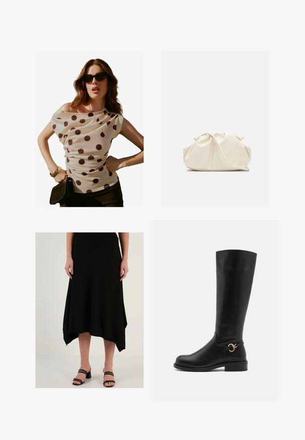 Kermainen pallohaalari, jossa on roikkuva kaula-aukko ja lyhyet hihat, yhdistettynä mustaan laukkuihin ja aurinkolaseihin. Sujuva, kevyt kangas.; Musta midi-hame, jossa on teksturoitu kangas, epäsymmetrinen helma ja virtaava muotoilu. Yhdistetty mustiin korkokenkiin.; Anna Field Wide Fit Saappaat - black; Kermapunah, tas faux leather lembut dengan desain berkerut, tali yang dapat disesuaikan, dan penutupan tali yang halus. Tekstur mulus dan bentuk bulat.; Hopeakylkiset korvakorut, joissa on pyöristetyt, heijastavat pinnat; minimalistinen muotoilu, jossa on sileä pinta ja hienovarainen brändäysyksityiskohta.