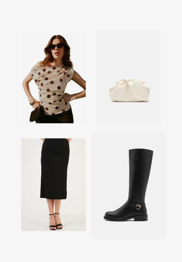 Kreminės spalvos bliuskė su taškeliais, turinti drapiruotą iškirptę ir trumpas rankoves, derinama su juodu rankiniu krepšiu ir saulės akiniais. Sklandi, lengva medžiaga.; Juodas midi sijonas, pagamintas iš tekstūruoto audinio, su lygiu liemeniu. Sukombinuotas su juodais aukštakulniais sandalais, turinčiais ploną kulkšnies dirželį.; Anna Field Wide Fit Batai - black; Kremo spalvos, minkšta dirbtinės odos rankinė su susiraukiamu dizainu, reguliuojama juostos ilgis ir subtilus virvutės užsegimas. Sklandi tekstūra ir apvalios formos.; Sidabrinės lašo formos auskarai su apvaliais, atspindinčiais paviršiais; minimalistinis dizainas su lygiu tekstūru ir subtiliu prekės ženklu.