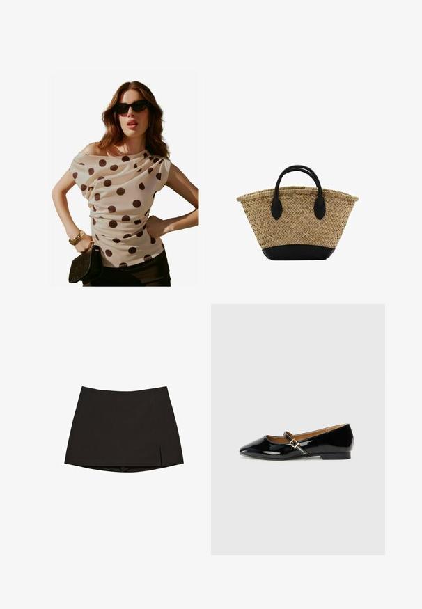 Cremfarbene Bluse mit Polka-Dots, drapiertem Ausschnitt und kurzen Ärmeln, kombiniert mit einer schwarzen Clutch und Sonnenbrille. Glattes, leichtes Material.; Schwarzer Minirock aus glattem Stoff, mit geradem Schnitt, Seitenschlitzen und sauberem Saum. Einfach und vielseitig.; Schwarze Lackleder-Ballerinas mit spitzem Zehenbereich, einem Knöchelriemen mit goldfarbener Schnalle und niedrigem Blockabsatz. Glatte, glanzvolle Oberfläche.; Geflochtener Strohkorb mit einer ausgestellten Form, ausgestattet mit einem schwarzen Lederboden und -griffen. Strukturierte natürliche Fasern mit glatten schwarzen Akzenten.