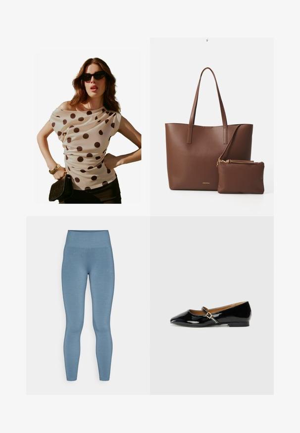 Krēmīga blūze ar punktiņiem, ar drapētu dekoltē un īsām piedurknēm, kombinēta ar melnu clutch somiņu un saules brillēm. Gluda, viegla auduma.; Augstās jostasvietas legingi, kas izgatavoti no gludas un elastīgas auduma gaismas zilā krāsā, ar pieguļošu dizainu un bez rakstiem vai redzamām šuvēm.; Melna lakota āda, plakanie apavi ar norādītu pirkstu, potītes siksna ar zelta tonī sprādzi un zemu blokveida papēdi. Gluda, spīdīga apdare.; Brūns mākslīgās ādas somiņa ar divām garām rokturiem un atbilstošu mazu maciņu. Virsma ir ar strukturētu rakstu un zelta aksesuāriem.