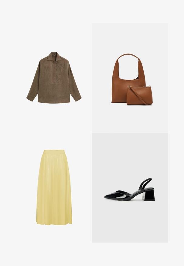 Camicia pullover in suede marrone con colletto classico, maniche lunghe e una chiusura frontale a patta. Tessuto liscio con una leggera lucentezza.; Gonna gialla alla caviglia realizzata in tessuto leggero e liscio. Presenta un elastico in vita e un design flottante con una leggera lucentezza.; Décolleté in vernice nera con punta affusolata e tacco in geometria cubica. Presentano un design elegante e minimalista, con una texture liscia.; Borsa sintetica marrone con manico curvo e texture liscia. Include una piccola pochette abbinata con zip. Design minimalista.