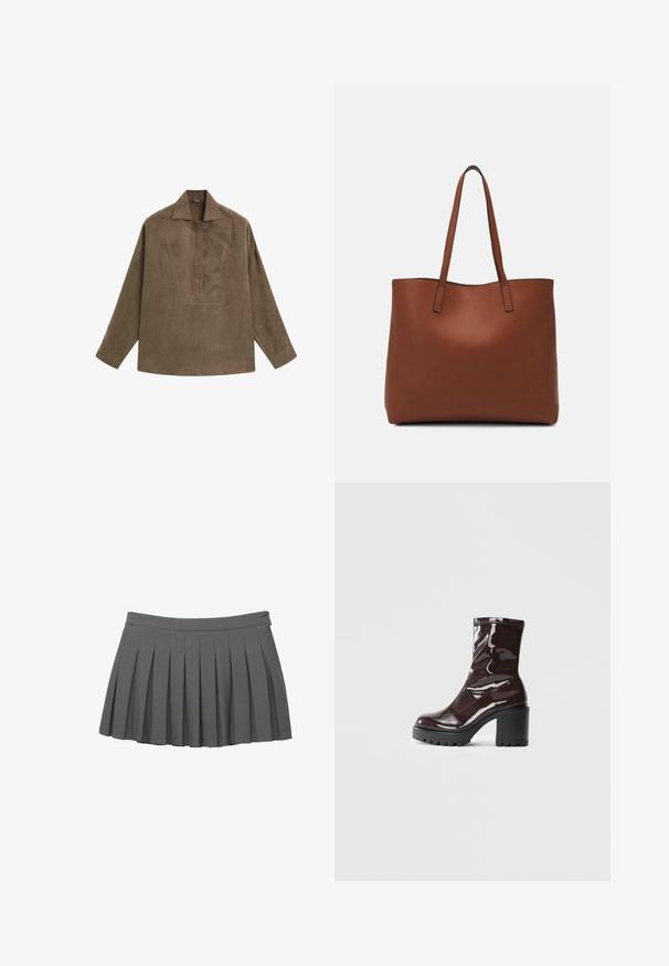 Camicia pullover in suede marrone con colletto classico, maniche lunghe e una chiusura frontale a patta. Tessuto liscio con una leggera lucentezza.; Gonna mini plissettata grigia con cintura a bottoni e una piccola decorazione con il logo sul lato destro.; Stivale alla caviglia bordeaux lucido con un tacco spesso nero, caratterizzato da una superficie liscia e un design semplice. Nessuna chiusura visibile o motivo.; Borsa tote in pelle marrone con texture liscia, design con apertura superiore e due spallacci. Presenta cuciture minime e nessun hardware visibile.