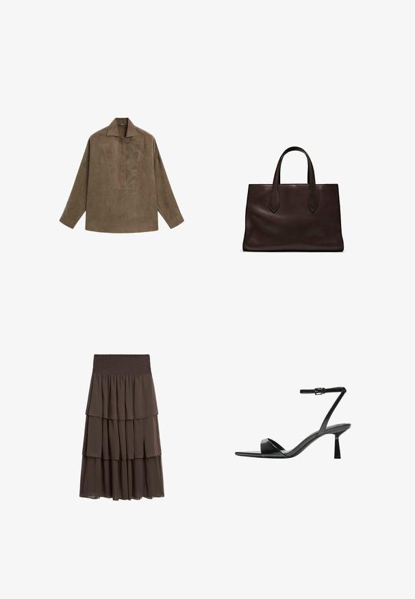 Bruin suède pullover shirt met een klassieke kraag, lange mouwen en een ontwerp met een voorplacket. Vlotte textuur met een subtiele glans.; Massimo Dutti LONG RUFFLED - A-lijn rok - mottled dark brown; Bershka Sandalen met hoge hak - black; Bruine leren tote bag met twee verlengde handvatten, gestructureerde rechthoekige vorm, gladde textuur en subtiele stiksels.