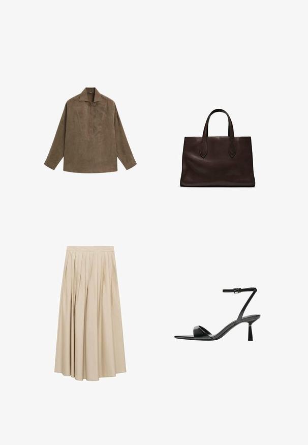 Brun mocka pullover skjorta med klassisk krage, långa ärmar och en frontplacketdesign. Slät textur med subtil lyster.; Plisserad midkjol i beige tyg med en mjuk yta och bred fåll. Enkel midja med vertikala plisseringar som ger volym.; Bershka Sandaletter - black; Brun läder tote-väska med två avlånga handtag, strukturerad rektangulär form, slät textur och subtila sömdetaljer.