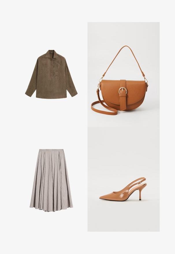 Brun ruskind pulloverskjorte med klassisk krave, lange ærmer og design med frontflap. Glat tekstur med subtil glans.; Lys grå midi-nederdel lavet af struktureret stof med lodrette plisseringer, der har en tætsiddende talje og en svagt udstående A-linjeform.; Spids tå slingback hæl i et glat, blankt tan materiale. Har et buet udskæring design og en slank stiletto hæl. Sølv spænde detalje.; Brun læder crossbody taske med en buet form, guldfarvet hardware og en spændeaccent. Har en aftagelig skulderrem.