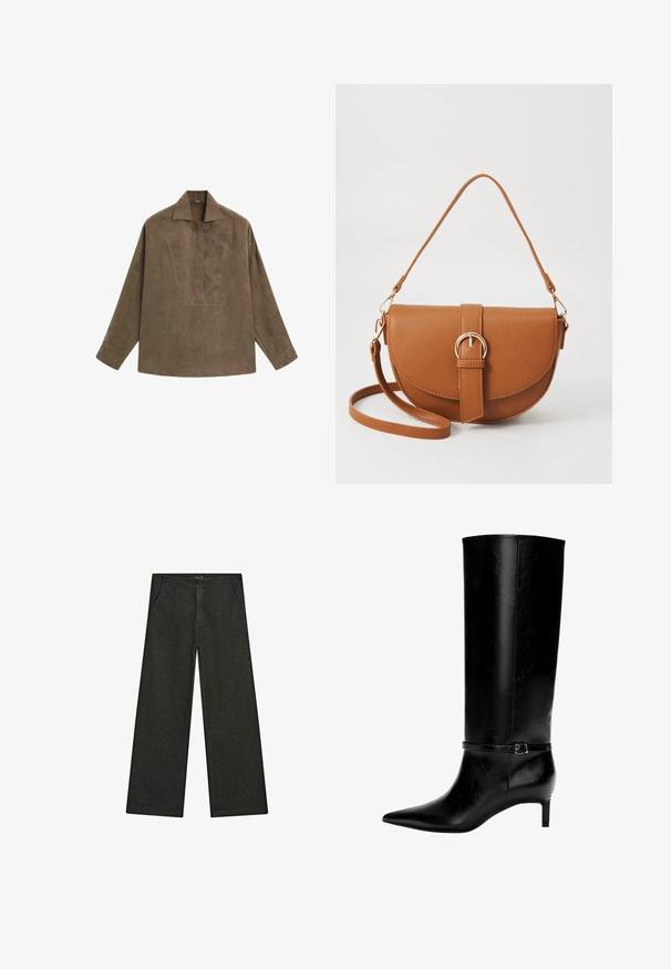 Brązowa zamszowa koszula typu pulower z klasycznym kołnierzykiem, długimi rękawami oraz zaszewką z przodu. Gładka faktura z subtelnym połyskiem.; Szerokie czarne dżinsy z średnim stanem, z dwiema przednimi kieszeniami oraz czystym, minimalistycznym designem bez widocznych ozdób.; Czarne skórzane wysokie botki z ostrym noskiem i niskim obcasem. Posiadają wąski pasek z metalową klamrą wokół kostki. Gładka tekstura.; Brązowa skórzana torba na ramię o zaokrąglonym kształcie, ze złotymi akcentami i zapięciem w formie klamry. Posiada odpinany pasek na ramię.