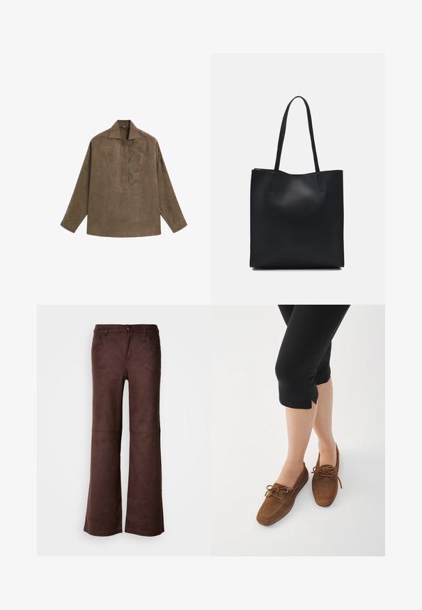 Brun ruskind pulloverskjorte med klassisk krave, lange ærmer og design med frontflap. Glat tekstur med subtil glans.; Brune flagrende bukser i et blødt, suede-lignende stof. Har fire lommer, en knaplukning og en glat, tekstureret overflade.; Brune ruskinds loafers med rund tå, snøre detaljer og lav profil. Båret med sorte cropped leggings mod en hvid baggrund.; Sort læder tote taske med glat tekstur, rektangulær form og to lange hanke. Ingen synlig hardware eller udsmykninger.