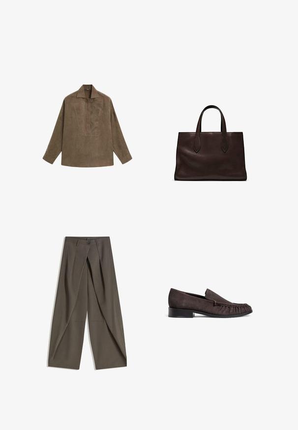 Brown suede pullover shirt featuring a classic collar, long sleeves, and a front placket design. Smooth texture with subtle sheen.; Wide-leg trousers made of a textured, dark gray fabric. Features a front pleat, button closure, and side pockets for practicality.; Brown suede loafers with a low black heel and gathered detailing at the front. Smooth texture, rounded toe, and minimalistic design.; Brown leather tote bag with two elongated handles, structured rectangular shape, smooth texture, and subtle stitching details.