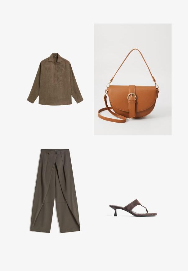 Brown suede pullover shirt featuring a classic collar, long sleeves, and a front placket design. Smooth texture with subtle sheen.; Wide-leg trousers made of a textured, dark gray fabric. Features a front pleat, button closure, and side pockets for practicality.; Brown suede slide sandals with a thong strap, low kitten heel, and a smooth, flat sole. Minimalist design with a sleek silhouette.; Brown leather crossbody bag with a curved shape, gold hardware, and a buckle accent. Features a detachable shoulder strap.
