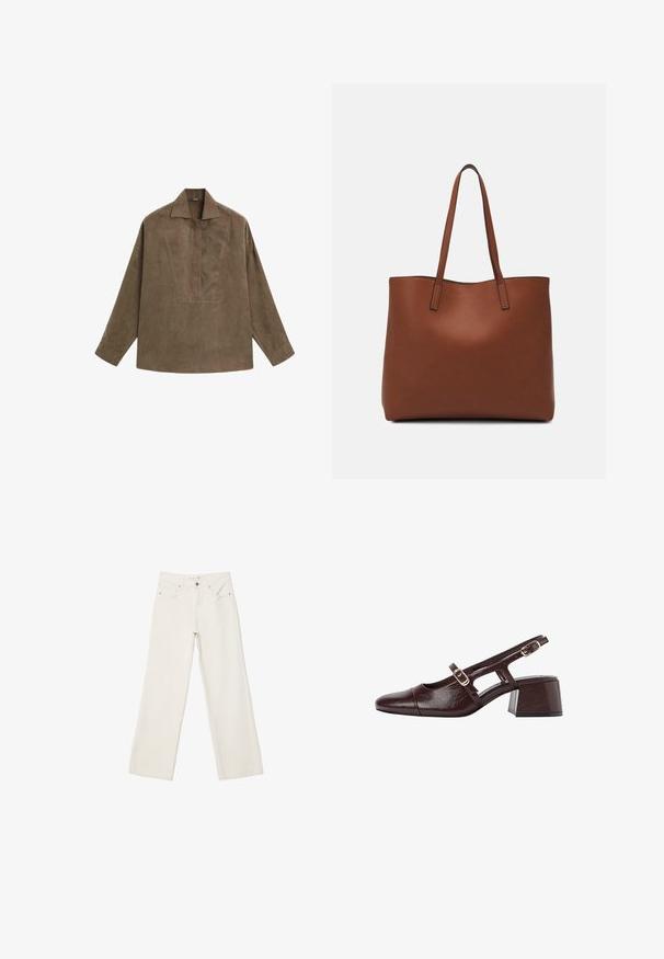 Brun ruskind pulloverskjorte med klassisk krave, lange ærmer og design med frontflap. Glat tekstur med subtil glans.; Hvide brede bukser lavet af denim, med høj talje, frontlommer og knaplukning. Renset design med minimale accenter.; Brune læder slingback hæle med firkantet tå, udskårne sider og en blokhæl. Har en spænde på ankelremmen.; Brun læder tote taske med en glat overflade, åben topdesign og to skulderremme. Har minimal syning og ingen synlig hardware.
