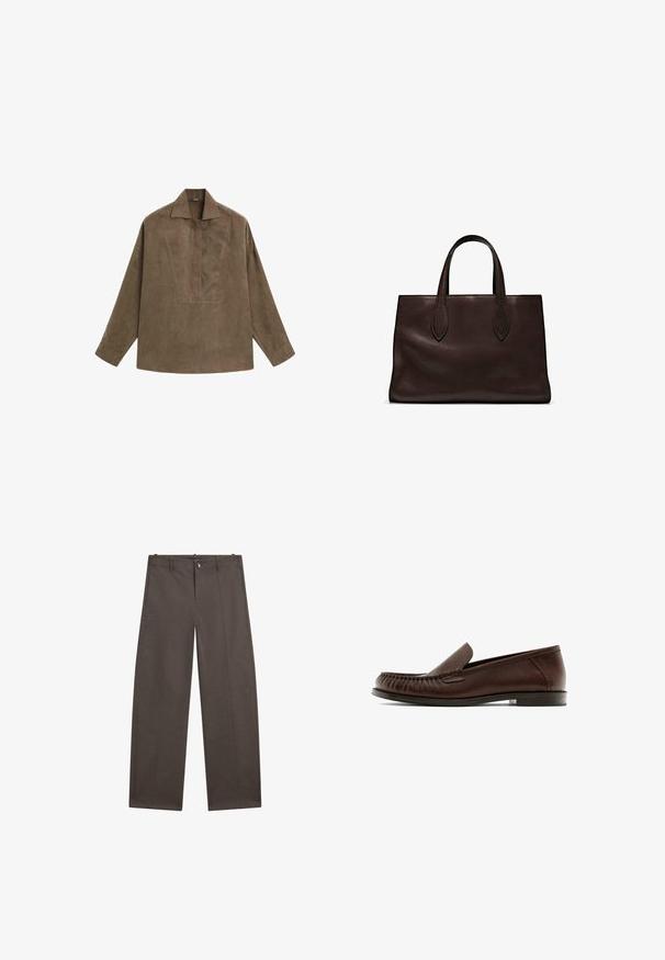 Bruin suède pullover shirt met een klassieke kraag, lange mouwen en een ontwerp met een voorplacket. Vlotte textuur met een subtiele glans.; Brede broek in donkerbruin stof. Heeft een knoopsluiting, twee voorzakken en een soepele textuur met nette naden.; Bruine leren loafers met een ronde neus en elastische inzetstukken. De schoen heeft decoratieve stiksels en een plat, minimalistisch hakje.; Bruine leren tote bag met twee verlengde handvatten, gestructureerde rechthoekige vorm, gladde textuur en subtiele stiksels.