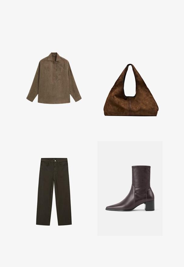 Chemise pull en daim brun avec un col classique, des manches longues et un design à patte de boutonnage à l'avant. Texture lisse avec un léger éclat.; Jeans large en denim vert foncé en mélange de coton, avec une fermeture à bouton à l'avant, cinq poches et des coutures classiques en denim.; Bottines bordeaux en cuir lisse avec un bout pointu et un talon carré. La tige est élégante et ajustée, s'étendant jusqu'au mollet.; Sac à bandoulière en daim marron avec un dessus ouvert. Il présente un corps large et profond, une poignée découpée et un minimum de coutures pour un design épuré.
