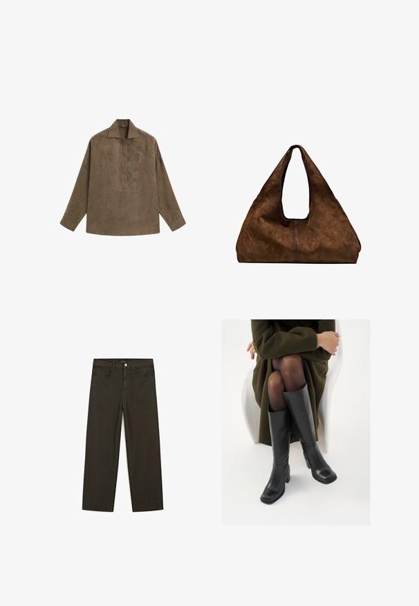 Brun mocka pullover skjorta med klassisk krage, långa ärmar och en frontplacketdesign. Slät textur med subtil lyster.; Mörkgröna vida jeans i bomullsblandning, med knäppning fram, fem fickor och klassisk denimstickning.; Knähöga svarta läderstövlar med fyrkantig tå och klack i blockmodell, visade med en modell sittande i en olivgrön kappa. Slät textur, minimal detaljering.; Brun mocka axelväska med öppen topp. Har en djup, bred kropp, urgröpt handtag och minimal sömnad för en ren design.