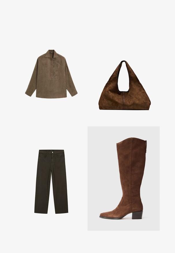 Hnědá semišová pulovrová košile s klasickým límcem, dlouhými rukávy a designem s předním zapínáním. Hladký povrch s jemným leskem.; Tmavě zelené široké džínsy vyrobené z bavlněné směsi, s předním zapínáním na knoflík, pěti kapsami a klasickým denimovým stehem.; Hnědé semišové kozačky po kolena s špičatou špičkou a nízkým podpatkem. Mají hladký povrch a minimalistické prošívání.; Hnědá semišová taška přes rameno s otevřeným vrchem. Disponuje hlubokým a širokým tělem, vyřezávaným držadlem a minimálním prošíváním pro čistý design.