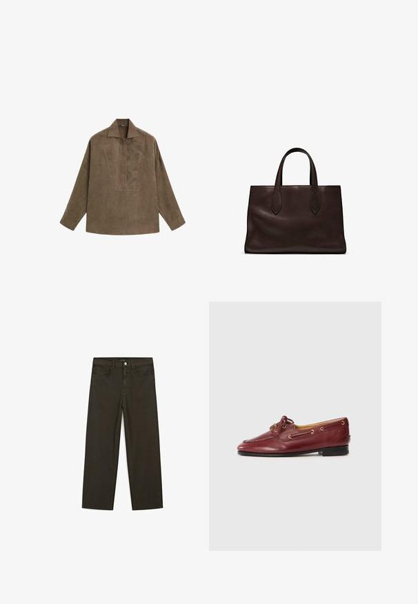 Brązowa zamszowa koszula typu pulower z klasycznym kołnierzykiem, długimi rękawami oraz zaszewką z przodu. Gładka faktura z subtelnym połyskiem.; Ciemnozielone spodnie dżinsowe typu wide-leg wykonane z mieszanki bawełny, z zamkiem na guzik z przodu, pięcioma kieszeniami i klasycznym przeszyciem dżinsowym.; Bordowe skórzane buty żeglarskie z zaokrąglonym czubkiem, sznurowanym wzorem, złotymi oczkami i niską czarną podeszwą. Gładka tekstura z detalami wykończeniowymi.; Brązowa skórzana torba tote z dwoma wydłużonymi uchwytami, usztywnionym prostokątnym kształtem, gładką teksturą i subtelnymi detalami przeszycia.