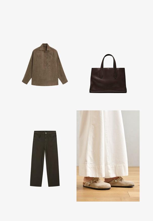 Brown suede pullover shirt featuring a classic collar, long sleeves, and a front placket design. Smooth texture with subtle sheen.; Dark green wide-leg jeans made of cotton blend, featuring a front button closure, five pockets, and classic denim stitching.; Beige suede clogs with a buckled strap and studded accents, worn with white wide-leg pants, set on a wooden floor.; Brown leather tote bag with two elongated handles, structured rectangular shape, smooth texture, and subtle stitching details.