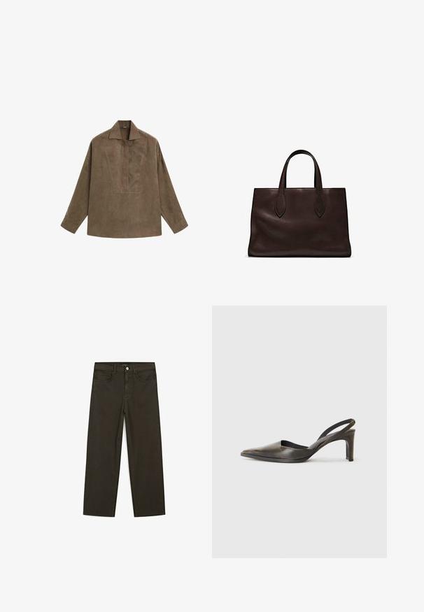 Braunes Wildleder-Pulloverhemd mit klassischem Kragen, langen Ärmeln und einem Frontschlitz-Design. Glatte Textur mit subtiler Schattierung.; Dunkelgrüne Jeans im weit geschnittenen Style, hergestellt aus einem Baumwollgemisch. Sie verfügen über einen Frontknopfverschluss, fünf Taschen und klassische Denim-Nähte.; Spitze Slingback-Pumps aus dunkelbraunem Leder mit glatter Textur, ausgestattet mit einem schmalen Riemen und einem Mittelhohen Stiletto-Absatz.; Braune Ledertasche mit zwei langen Griffen, strukturierte rechteckige Form, glatte Textur und dezente Nähdetails.