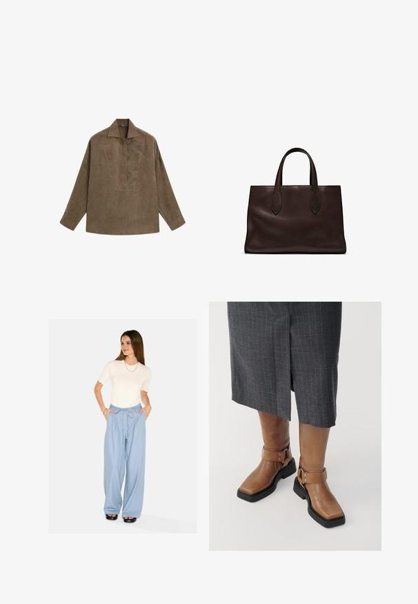 Bruin suède pullover shirt met een klassieke kraag, lange mouwen en een ontwerp met een voorplacket. Vlotte textuur met een subtiele glans.; Lichtblauwe wijde broek met een trekkoord in de taille en zijzakken. Gepaard met een witte T-shirt met gegolfde onderrand en korte mouwen. Zwarte platform sandalen.; Bruine leren kniehoge laarzen met een vierkante neus, zwarte rubberen zool en verstelbare gespsluiting. Draagt bij een grijze streeprok.; Bruine leren tote bag met twee verlengde handvatten, gestructureerde rechthoekige vorm, gladde textuur en subtiele stiksels.