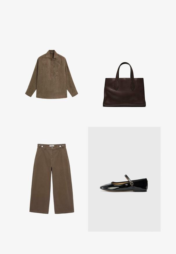 Brun mocka pullover skjorta med klassisk krage, långa ärmar och en frontplacketdesign. Slät textur med subtil lyster.; Bruna vida byxor gjorda av hållbart tyg. Har två framfickor, knäppning med knapp och en avslappnad passform med en jämn textur.; Svart lackläder platt sko med spetsig tå och smal spänne på en ljusgrå bakgrund.; Brun läder tote-väska med två avlånga handtag, strukturerad rektangulär form, slät textur och subtila sömdetaljer.
