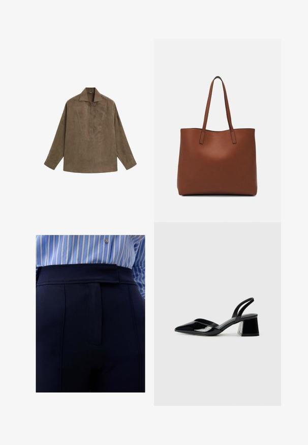 Brun ruskind pulloverskjorte med klassisk krave, lange ærmer og design med frontflap. Glat tekstur med subtil glans.; Scalpers SUN - Bukser - navy; Sorte patentlæder slingback hæle med spids tå og en geometrisk blok hæl. Har et elegant, minimalistisk design og en glat tekstur.; Brun læder tote taske med en glat overflade, åben topdesign og to skulderremme. Har minimal syning og ingen synlig hardware.