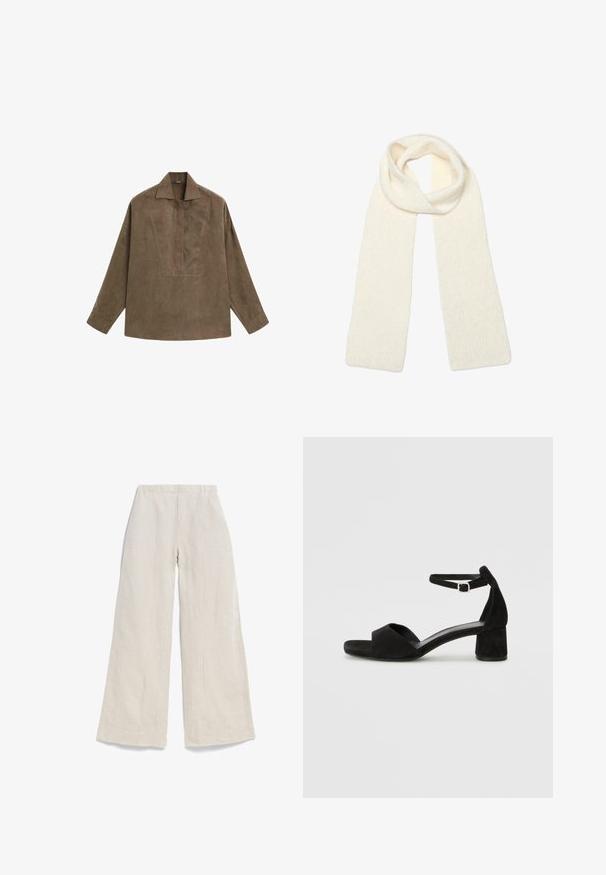 Braunes Wildleder-Pulloverhemd mit klassischem Kragen, langen Ärmeln und einem Frontschlitz-Design. Glatte Textur mit subtiler Schattierung.; Helle beige Weitbeine-Hose aus Leinen, mit einer glatten Textur, elastischem Taillenbund und gesteppten vorderen Falten für zusätzlichen Design-Details.; Schwarze Wildleder-Espadrilles mit einem dünnen Knöchelriemen, offener Zehenpartie und moderatem Blockabsatz. Glatte Textur und minimale Akzente.; Weiche, gestrickte cremeweiße Schal, locker oben gefaltet, mit beiden Enden, die gerade nach unten hängen.