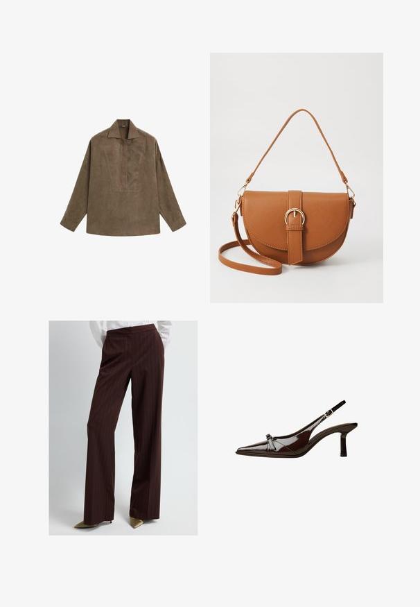 Bruin suède pullover shirt met een klassieke kraag, lange mouwen en een ontwerp met een voorplacket. Vlotte textuur met een subtiele glans.; Bruine pantalon met streepjes in een wijde pijpdesign, gemaakt van gladde stof. Heeft een hoge taille en een minimalistische snit.; Bruine gepatineerde leren slingback schoen met een spitse neus, lage hak en een decoratieve strikaccent aan de voorkant. Glad, glanzend oppervlak.; Bruine leren schoudertas met een gebogen vorm, gouden hardware en een gespaccent. Bevat een afneembare schouderriem.