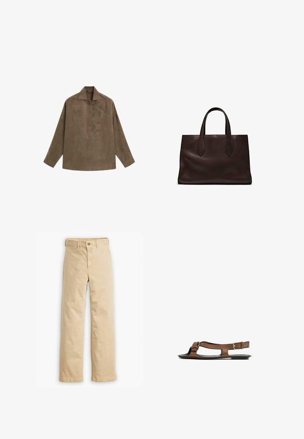 Brun ruskind pulloverskjorte med klassisk krave, lange ærmer og design med frontflap. Glat tekstur med subtil glans.; Beige, lige ben bukser lavet af en blanding af bomuldsstof, med knaplukning og standard lommer foran og bagpå.; Brune lædersandal med åben tå og udskæringer på siden. Har en ankelrem med en metalspænde og en flad sål.; Brun læder tote bag med to forlængede håndtag, struktureret rektangulær form, glat overflade og subtile syninger.