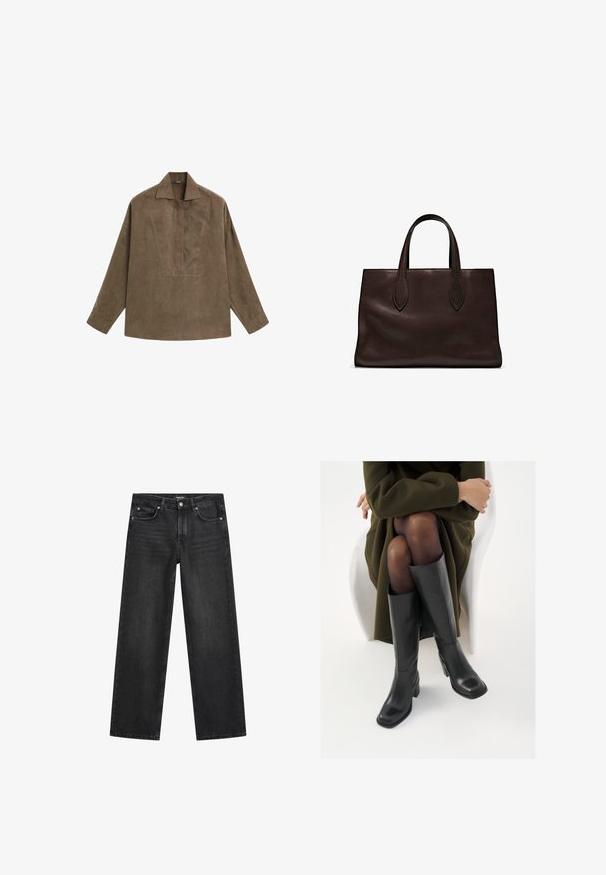Hnědá semišová pulovrová košile s klasickým límcem, dlouhými rukávy a designem s předním zapínáním. Hladký povrch s jemným leskem.; Džínové kalhoty s širokými nohavicemi vyrobené z tmavě šedého denimu. Mají pět kapes, zapínání na knoflík a jemné zažehlení podél stehen. Klasický design.; Černé kožené boty po kolena s hranatou špičkou a blokovým podpatkem, předvedené na modelce sedící v olivově zeleném kabátu. Hladký povrch, minimalizované detaily.; Hnědá kožená taška přes rameno s dvěma dlouhými uchy, strukturální obdélníkový tvar, hladká textura a jemné švy.