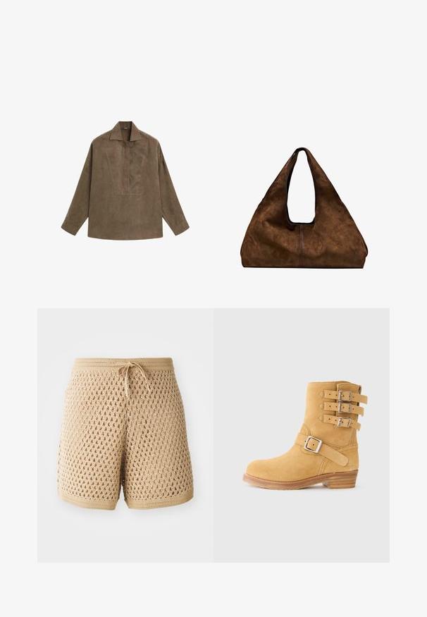 Brun ruskind pulloverskjorte med klassisk krave, lange ærmer og design med frontflap. Glat tekstur med subtil glans.; Beige hæklede shorts med et indviklet diamantmønster, snøre i taljen og ribbede kanter. Letvægts- og åndbart stof.; Ruskindsankelstøvle i gul med tre spænder på siden, en rundet tå og en stablet træsål. Tekstureret overflade for bedre greb.; Brun ruskind skuldertaske med åben top. Har en dyb, bred form, udskåret håndtag og minimal syning for et rent design.