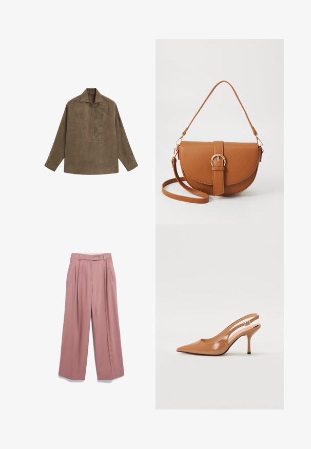Bruin suède pullover shirt met een klassieke kraag, lange mouwen en een ontwerp met een voorplacket. Vlotte textuur met een subtiele glans.; Wijde broek van zacht roze stof, voorzien van plooien aan de voorkant, zijzakken, een knoopsluiting en een soepele textuur.; Puntige slingback hak in een glad, glanzend beige materiaal. Bevat een gebogen uitsnijdontwerp en een slanke stiletto hak. Zilveren gesp detail.; Bruine leren schoudertas met een gebogen vorm, gouden hardware en een gespaccent. Bevat een afneembare schouderriem.