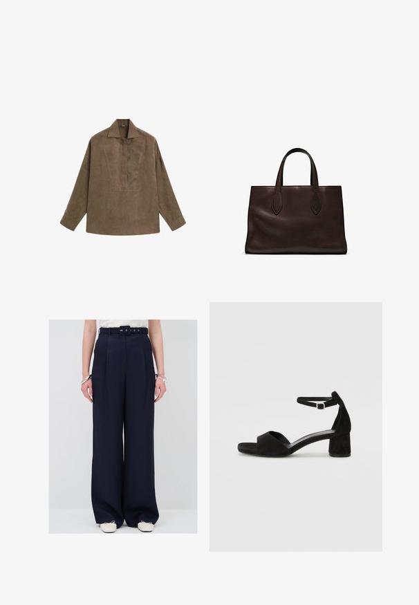 Bruin suède pullover shirt met een klassieke kraag, lange mouwen en een ontwerp met een voorplacket. Vlotte textuur met een subtiele glans.; Marineblauwe wijde broek met een hoge taille en riem, voorzien van plooien en een gladde stofstructuur. Gecombineerd met lichtgekleurde schoenen.; Zwarte suede hakken met een dunne enkelband, open teen ontwerp en een bescheiden blokhak. Zachte textuur en minimale accenten.; Bruine leren tote bag met twee verlengde handvatten, gestructureerde rechthoekige vorm, gladde textuur en subtiele stiksels.