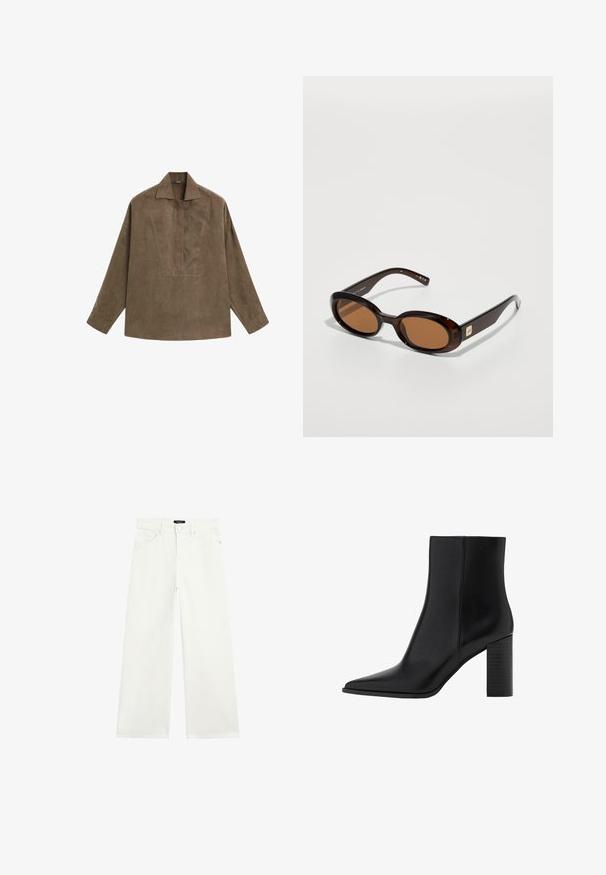 Brun ruskind pulloverskjorte med klassisk krave, lange ærmer og design med frontflap. Glat tekstur med subtil glans.; Hvide bredbenede jeans lavet af denim. Har et fem-lomme design og en lynlås med knaplukning. Glat tekstur og rene linjer.; Sorte læder ankelstøvler med spidse tæer, firkantet hæl, glat tekstur og syningsdetaljer langs sømmene. Hælene måler cirka 9 cm.; Brune skildpadde-solbriller med ovale linser, der har en tynd stel og en lille metalaccent på siden. Struktureret og poleret overflade.; Blødt, strikket cremehvidt tørklæde, løs foldet i toppen med begge ender hængende lige ned.