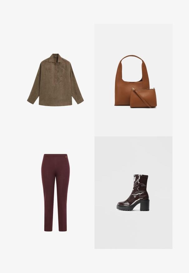 Braunes Wildleder-Pulloverhemd mit klassischem Kragen, langen Ärmeln und einem Frontschlitz-Design. Glatte Textur mit subtiler Schattierung.; Bordeauxfarbene Stretchhosen mit glatter Textur, tailliertem Design und einfachem Bund; verfügt über ein minimalistisches Logo-Detail.; Glatte bordeauxrote Ankle Boots mit einem klobigen schwarzen Absatz, die eine glatte Oberfläche und ein einfaches Design aufweisen. Keine sichtbaren Verschlüsse oder Muster.; Braune synthetische Handtasche mit einem geschwungenen Griff und einer glatten Textur. Enthält ein passendes kleines Täschchen mit Reißverschluss. Minimalistisches Design.