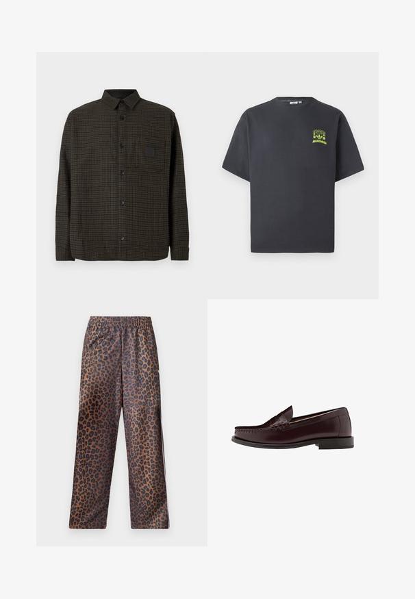 Overhemd met knopen in een donkergroen ruitpatroon, met een borstzak, zwarte knopen en een kraag. Gemaakt van textuurstof.; Koolgrijze Adidas T-shirt met korte mouwen en een kleine neon groene graphic van luidsprekers, zon en het Adidas-logo op de linkerkant van de borst.; Luipaardprint broek met een elastische tailleband. Gemaakt van een glanzende stof, met een bruine basis en zwarte vlekken en een losse pasvorm.; Mango Instappers - bordeaux