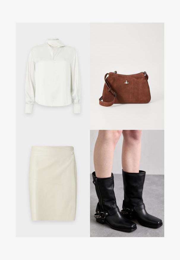 White satin blouse with a high collar, a front slit, long sleeves, and buttoned cuffs. Smooth texture and minimalist design.; Cream-colored faux leather pencil skirt with diagonal seam and covered button closure on the upper side.; Black leather knee-high boots with a square toe, side zipper, and adjustable strap featuring a metal chain accent. Matte finish and sturdy sole.; Brown suede handbag with a zip closure, adjustable shoulder strap, and silver hardware accent, featuring a subtle textured surface.