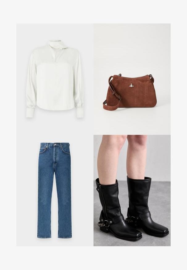 Valkoinen satiinipusero, jossa on korkea kaulus, edestä halkio, pitkät hihat ja napilliset kalvosimet. Tasainen pinta ja minimalistinen muotoilu.; Siniset denim-farkut suoralla leikkauksella, joissa on klassinen viiden taskun malli, näkyvä nappisuljenta ja hillityt ompelu-yksityiskohdat.; Musta nahkasaappaat polven ylle, joissa on neliön muotoinen kärki, sivuvetoketju ja säädettävä hihna, jossa on metalliketjuakcentti. Mattapinta ja tukevat pohjat.; Ruskea mokkahandbag, jossa on vetoketjula closure, säädettävä olkahihna ja hopeiset yksityiskohdat, sekä hienovarainen teksturoitu pinta.