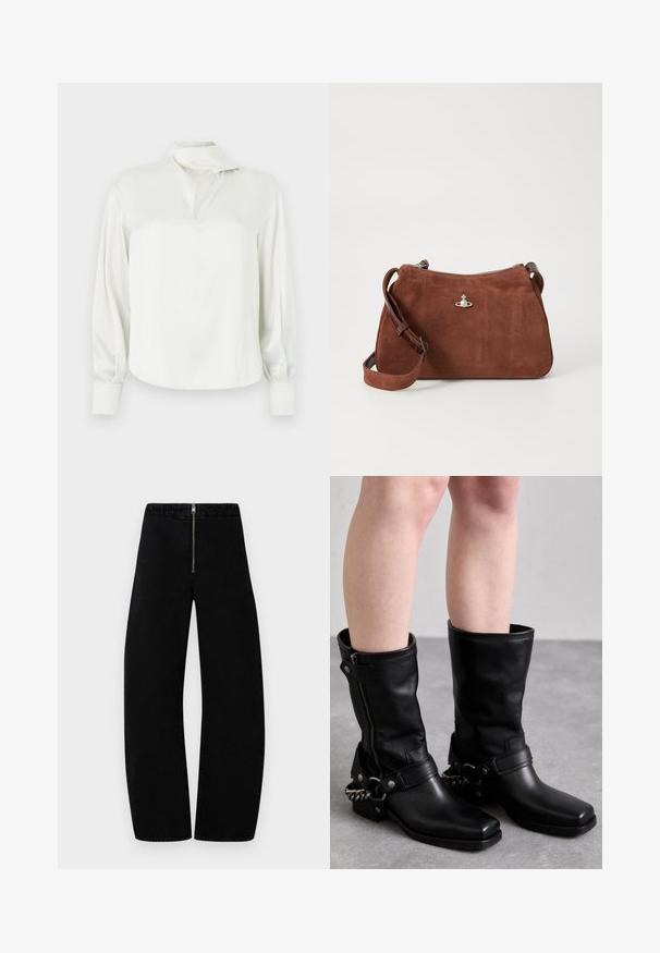 White satin blouse with a high collar, a front slit, long sleeves, and buttoned cuffs. Smooth texture and minimalist design.; Black denim pants with a zip closure, wide-leg design, and a smooth texture. No visible patterns or accents. Clean and simple silhouette.; Black leather knee-high boots with a square toe, side zipper, and adjustable strap featuring a metal chain accent. Matte finish and sturdy sole.; Brown suede handbag with a zip closure, adjustable shoulder strap, and silver hardware accent, featuring a subtle textured surface.
