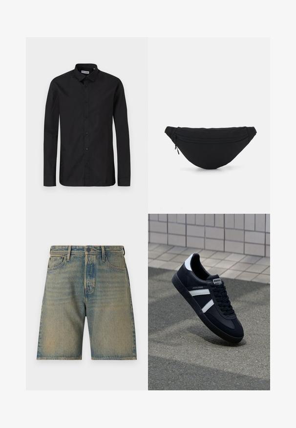 Zwarte lange mouwen overhemd met knopen en een klassieke kraag, gemaakt van een gladde stof, met knopen aan de voorkant en een reguliere pasvorm.; Lichte blauwe denim shorts met een vervaagde wassing. Bevat vijf zakken, een ritsopening, knoopsluiting en stevige stiksels langs de randen.; Zwarte leren sneaker met witte strepen, een gestructureerde rubberen zool en vetersluiting aan de voorkant. Voorzien van een merklabel op de tong.; Zwarte stof heuptas met een afgeronde vorm, voorzak met rits en een gladde textuur. Geen zichtbare patronen of accenten. Lichtgewicht ontwerp.