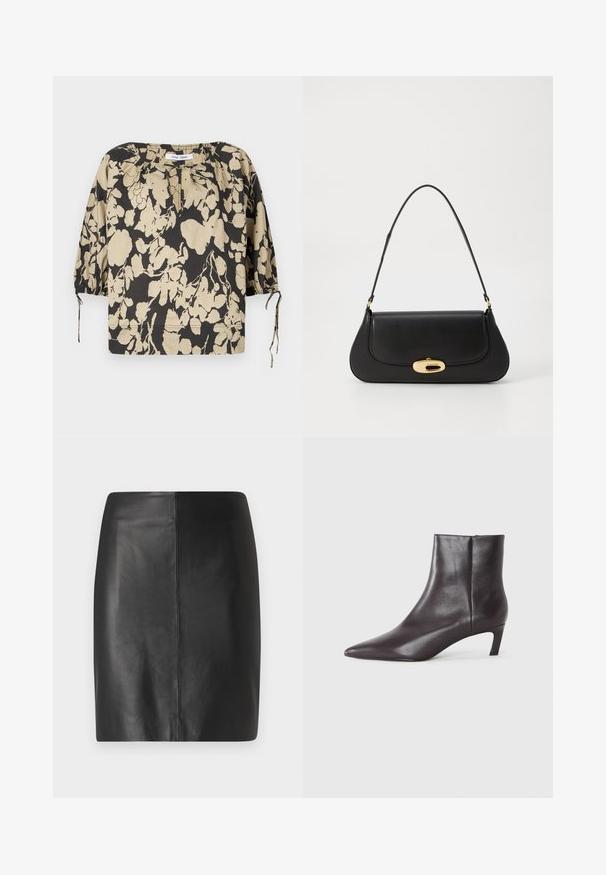 Czarna i beżowa kwiatowa bluzka o luźnym kroju, z okrągłym dekoltem i bufkami na rękawach. Posiada wiązania przy dekolcie oraz elastyczne mankiety.; Czarna skórzana spódnica o dopasowanym kroju i gładkiej strukturze, z centralnym szwem z przodu i czystą, minimalistyczną sylwetką.; Czarne skórzane botki za kostkę z ostrym noskiem i niskim obcasem typu kitten heel, gładkie wykończenie, z bocznym zamkiem, zaprezentowane na neutralnym tle.; Czarna skórzana torebka o zaokrąglonym kształcie, z metalowymi elementami w kolorze złotym i górnym uchwytem. Posiada eleganckie zapięcie i gładką fakturę.