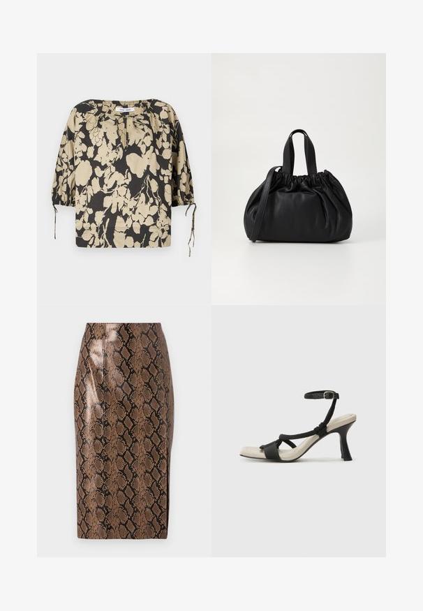 Schwarze und beige Blumenbluse mit lockerem Schnitt, rundem Ausschnitt und Puffärmeln. Mit Bindebändern am Ausschnitt und elastischen Bündchen.; Bleistiftrock aus braunem Schlangenprint mit glänzender Oberfläche, der eine figurbetonte Passform und vertikale Nähte für eine schlanke Silhouette bietet.; Schwarze Absatzsandale mit geflochtenem Riemendesign, quadratischer Spitze und verstellbarem Knöchelriemen. Helle beigefarbene Sohle mit glänzendem schwarzen Absatz.; Schwarze Lederhandtasche mit einem gerafften Oberteil, ausgestattet mit zwei kurzen Griffen und einem langen verstellbaren Schulterriemen. Glatte Textur, runde Form.
