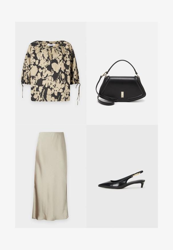 Black and beige floral blouse with a relaxed fit, round neckline, and puff sleeves. Features ties at the neckline and elastic cuffs.; A long, light beige skirt made of smooth fabric features a subtle sheen and a flared hem, providing a sleek, minimalist design.; Black leather slingback heels with a pointed toe, featuring a slim heel and a gold-tone accent on the adjustable strap. Smooth texture.; Black leather handbag with a structured design, featuring a cropped shape, top handle, and gold hardware accent. Adjustable shoulder strap included.