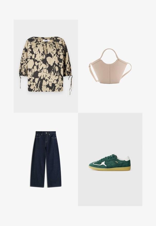 Črna in bež cvetna bluza sproščenega kroja, z okroglim izrezom in napihnjenimi rokavi. Ima vrvice na izrezu in elastične manšete.; Temno modre široke kavbojke iz jeansa z žepi spredaj, zapenjanjem na gumb in vidnim šivom na belem ozadju.; Zeleni semišni superge z belimi detajli, perforiranimi podrobnostmi in teksturiranim gumijastim podplatom. Imajo okrogle vezalke in oblazinjen petni del.; Bežna usnjena torbica edinstvene oblike, z dvema kratkima ročajema in dolgim nastavljivim trakom. Gladka tekstura z minimalno kovinsko opremo.