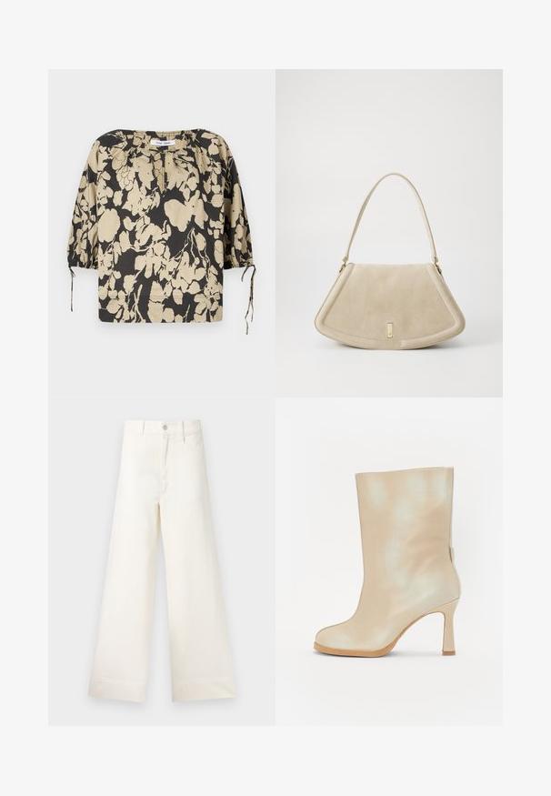 Svart och beige blus med blommönster, avslappnad passform, rund halsringning och puffärm. Har knytband vid halsen och resår i muddarna.; Videbeniga byxor i ljusbeige bomull. Funktioner inkluderar hög midja, framfickor och rak skärning. Rena avslutningar utan mönster.; Beige läderankelstövel med glansig yta, mandelformad tå och stilettklack. Har en slät struktur och minimalistisk design.; Beige mockaskväska med en rundad triangulär form, ett enda axelband och en guldfärgad detaljer på framsidan.