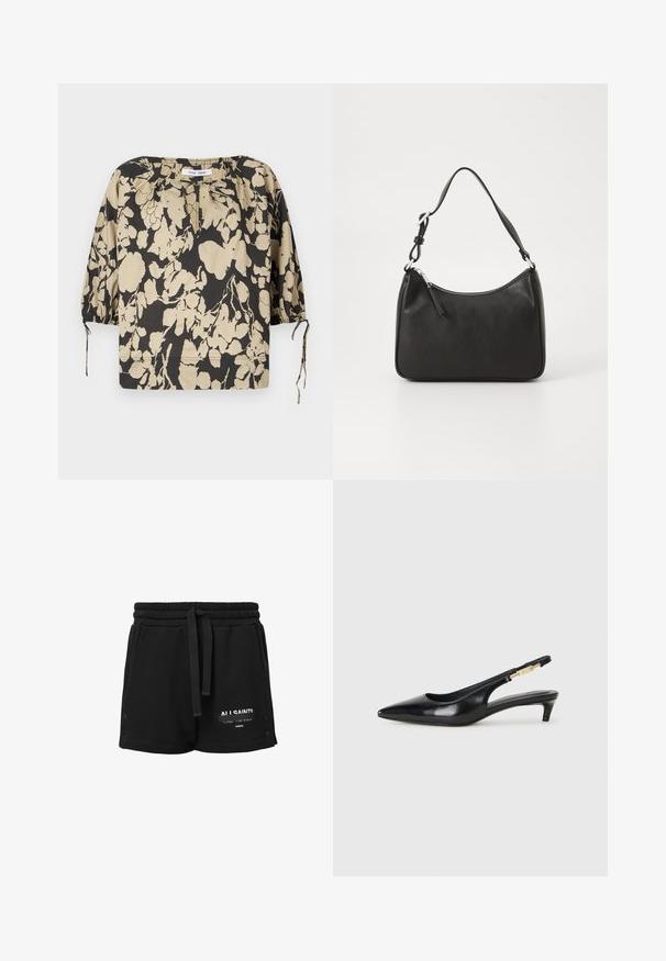 Czarna i beżowa kwiatowa bluzka o luźnym kroju, z okrągłym dekoltem i bufkami na rękawach. Posiada wiązania przy dekolcie oraz elastyczne mankiety.; Czarne bawełniane szorty z elastycznym pasem, sznurkiem do regulacji, białym logo oraz zatrzaskami po bokach. Gładka tekstura, casualowy design.; Czarne skórzane szpilki typu slingback z ostrym noskiem, posiadające smukły obcas i złoty akcent na regulowanym pasku. Gładka tekstura.; Czarna skórzana torebka o zaokrąglonym kształcie, z pojedynczym uchwytem, zamknięciem na zamek błyskawiczny oraz subtelnym logo z przodu. Gładka faktura, minimalistyczny design.
