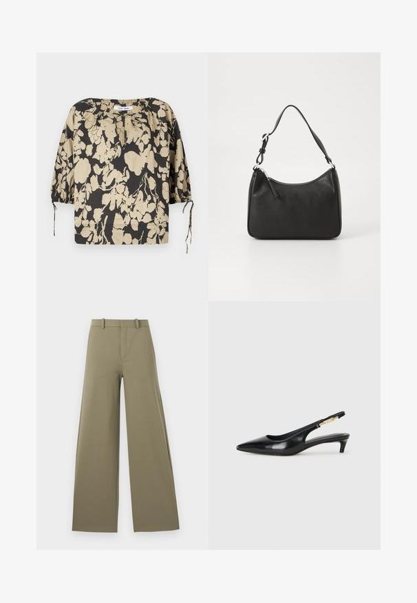 Black and beige floral blouse with a relaxed fit, round neckline, and puff sleeves. Features ties at the neckline and elastic cuffs.; Light olive wide-leg trousers with a smooth texture, featuring a front zipper, belt loops, and two side pockets.; Black leather slingback heels with a pointed toe, featuring a slim heel and a gold-tone accent on the adjustable strap. Smooth texture.; Black leather handbag with a curved shape, a single strap, zip closure, and subtle branding on the front. Smooth texture, minimalist design.