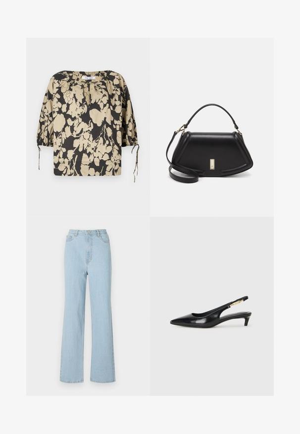 Zwart-beige bloes met bloemenprint, losse pasvorm, ronde halslijn en pofmouwen. Voorzien van strikjes bij de halslijn en elastische manchetten.; Lichtblauwe denim high-waisted jeans met een relaxte pasvorm, brede pijpen en een klassiek vijfzakontwerp. Voorzien van een metalen knoop en rits sluiting.; Zwarte leren slingback hakken met een spitse neus, voorzien van een slanke hak en een goudkleurige accent op de verstelbare band. Gladde textuur.; Zwarte leren handtas met een gestructureerd ontwerp, featuring een verkorte vorm, bovenhandvat en gouden hardwareaccent. Inclusief verstelbare schouderband.