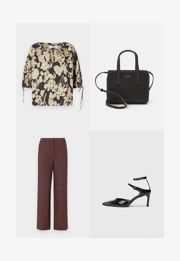 Must ja beež lillemustriga pluus, lõdva lõikega, ümmarguse kaelusega ja patsiliste varrukatega. Kaelusel on nöörid ja varrukate mansetid on elastsed.; Prune laiad püksid, mis on valmistatud tekstuursest kangast, millel on sile viimistlus. Pükstel on lame eesosa, vööloopide ja küljetaskud.; Mustad nahast mustad kontsad terava ninaga, reguleeritavate pahkluu rihmade ja õhukese kontsaga. Sile tekstuur läikiva viimistlusega.; Musthave mustrans vöö ja eemaldatav õlarihm. Gludike nahk siledaga, millel on tõmblukk ja logo detail.