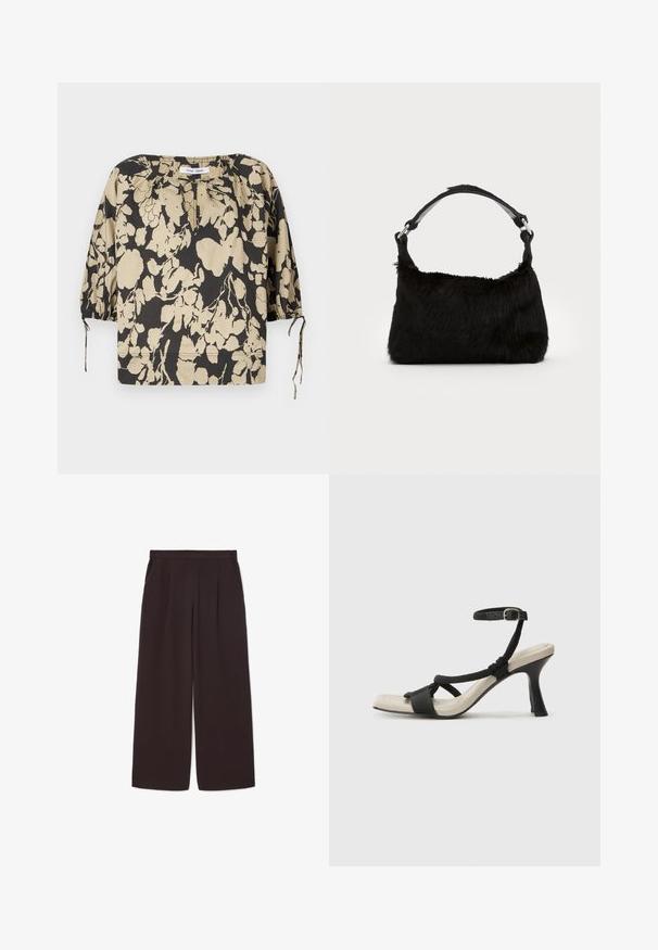Čierna a béžová kvetinová blúzka s voľným strihom, okrúhlym výstrihom a nafúknutými rukávmi. Má šnúrky pri výstrihu a elastické manžety.; Tmavohnedé široké nohavice vyrobené z ľahkého materiálu, s vysokým pásom, skladmi a dvomi postrannými vreckami, s elastickým pásom.; Čierne sandále na podpätku s pleteným pásikom, štvorcovou špičkou a nastaviteľným remienkom okolo členka. Svetlobéžová stielka s lesklým čiernym podpätkom.; Čierna kabelka z umelého kožušiny s jemnou textúrou, zaobleným tvarom a pevným čiernym koženým ramenným popruhom. Viditeľné akcenty zo strieborného kovu.